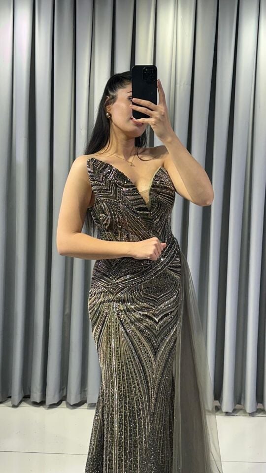 TAŞ İŞLEMELİ BALIK BEL KISMI TÜL YEŞİL ABİYE 44