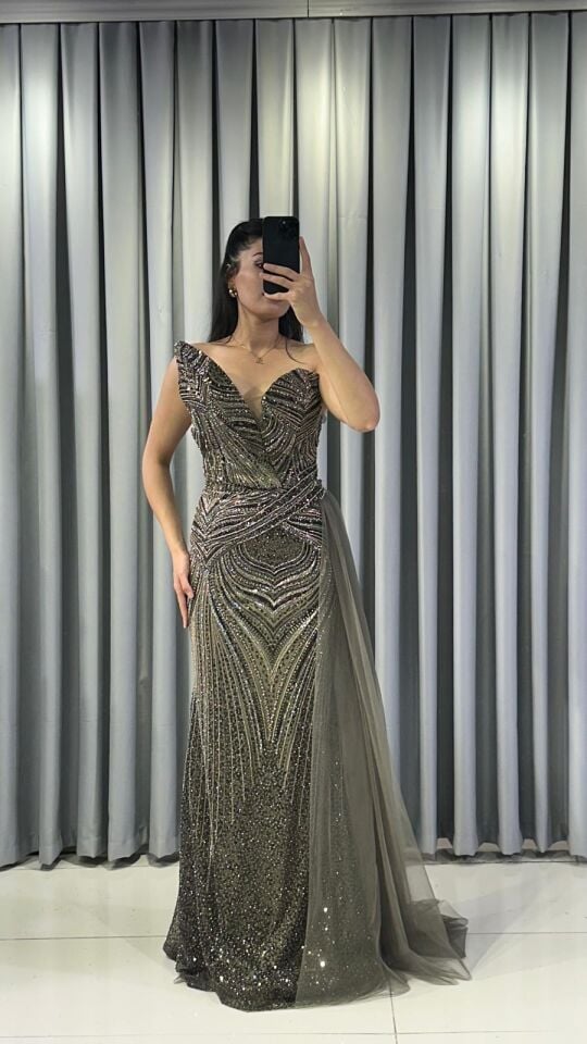 TAŞ İŞLEMELİ BALIK BEL KISMI TÜL YEŞİL ABİYE 44