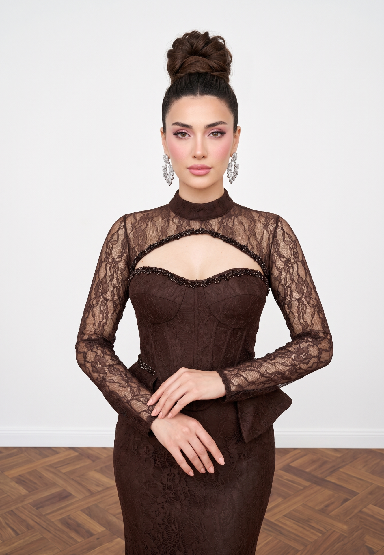 DANTELLİ BOLERO KAHVERENGİ BALIK ABİYE 38