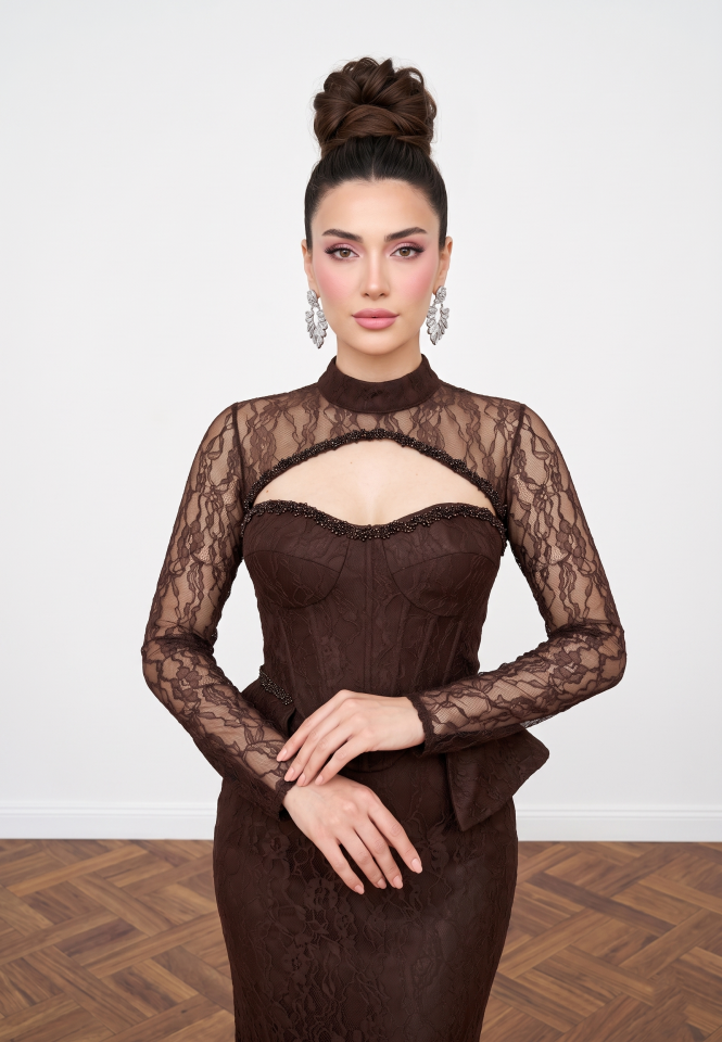 DANTELLİ BOLERO KAHVERENGİ BALIK ABİYE 38