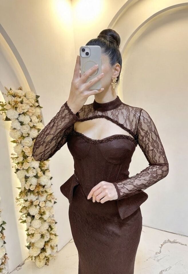 DANTELLİ BOLERO KAHVERENGİ BALIK ABİYE 38
