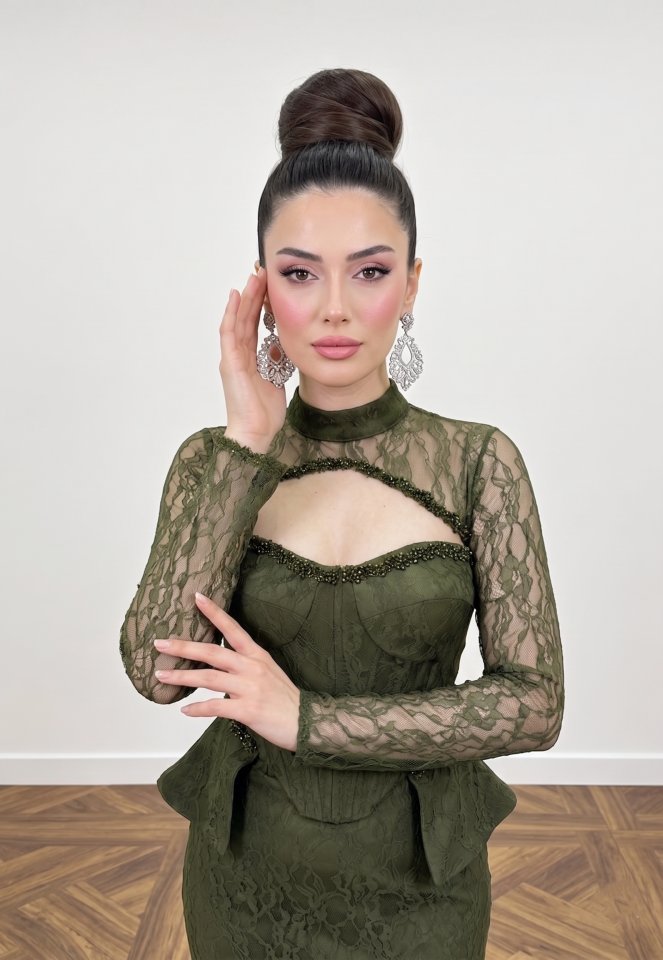 DANTELLİ BOLERO YEŞİL BALIK ABİYE 38