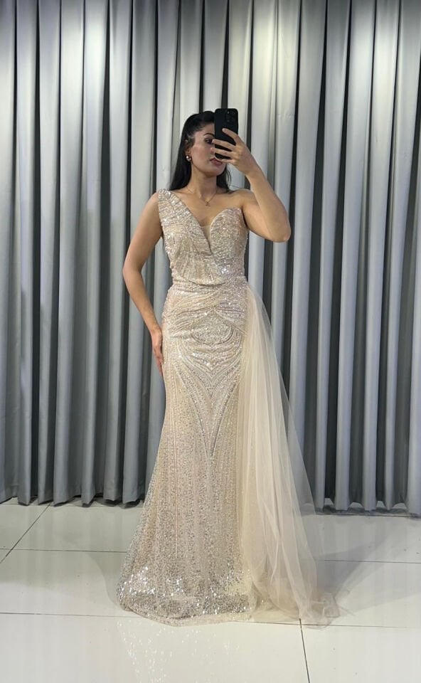 TAŞ İŞLEMELİ BALIK BEL KISMI TÜL KREM ABİYE  44