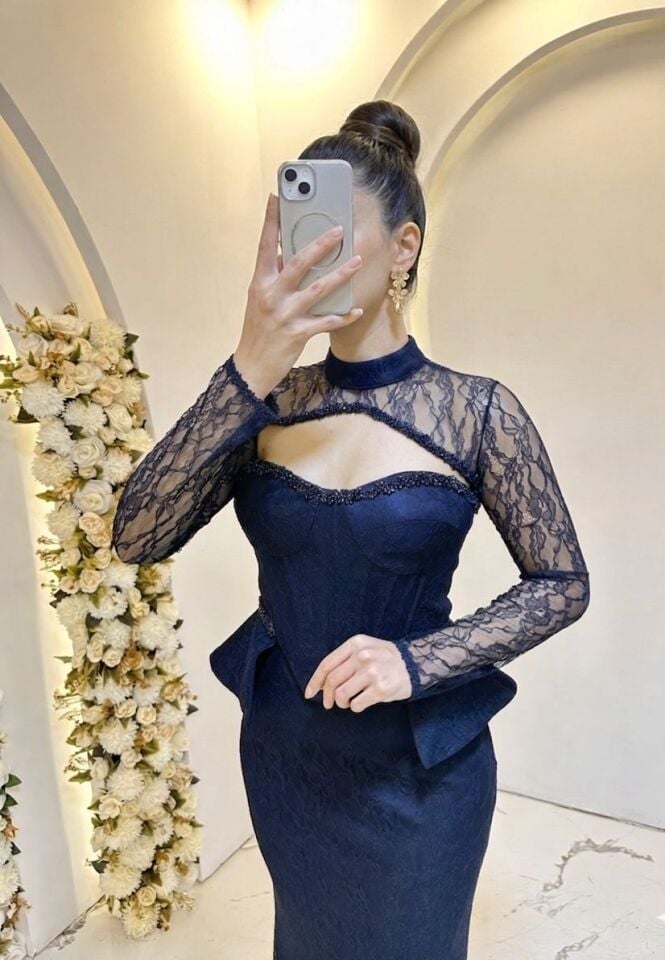 DANTELLİ BOLERO LACİVERT BALIK ABİYE