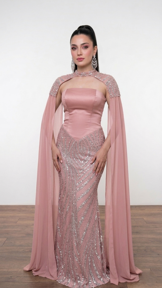 PEMBE OMUZDAN PELERİNLİ PUL PAYET İŞLEMELİ BALIK ABİYE