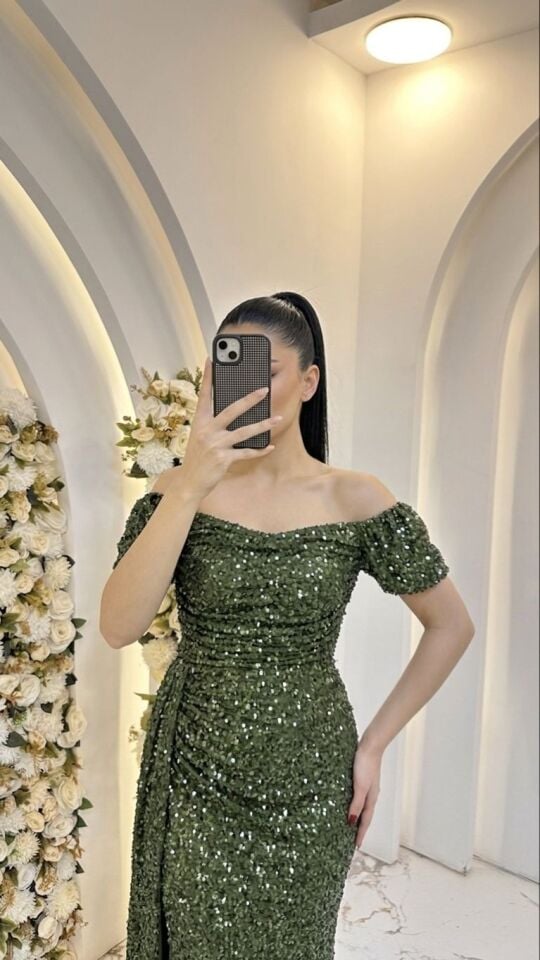 MODONNA YAKA PUL PAYET  YEŞİL ABİYE