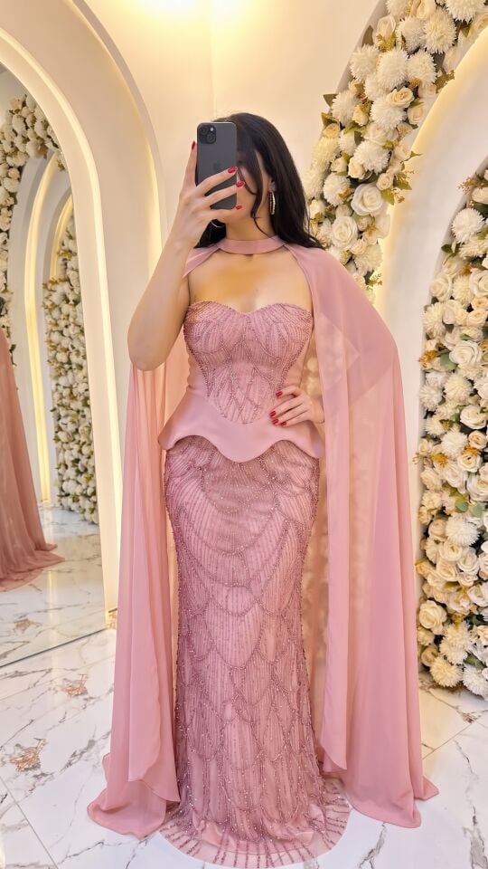 STRAPLEZ PELERİNLİ BALIK ABİYE  PEMBE 44
