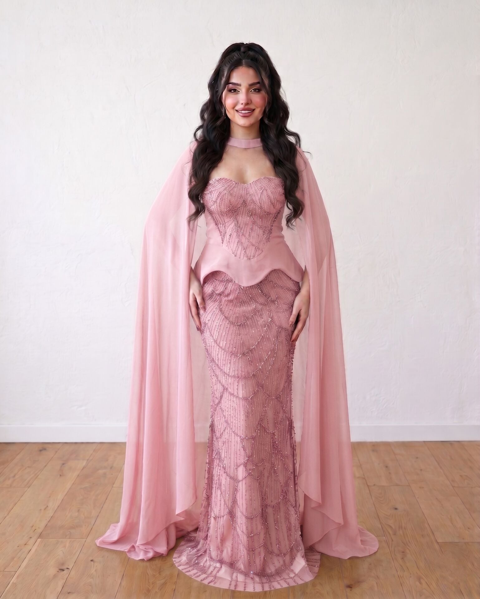 STRAPLEZ PELERİNLİ BALIK ABİYE  PEMBE 44