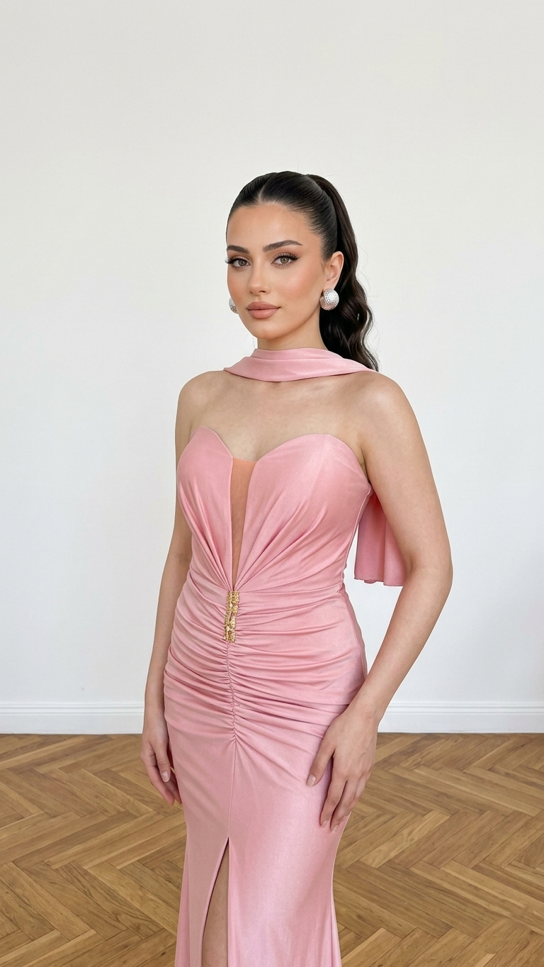 TOZ PEMBE STRAPLEZ PENYE BALIK ABİYE 38