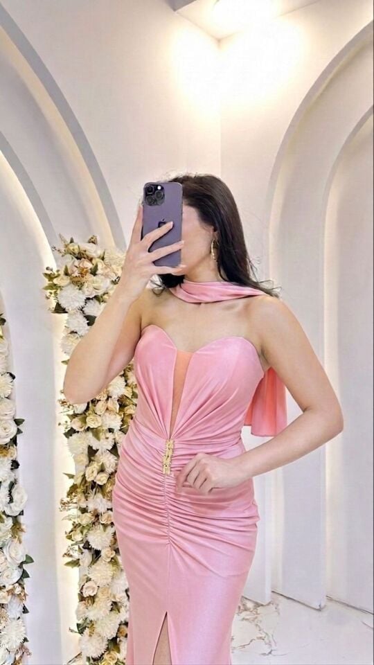 TOZ PEMBE STRAPLEZ PENYE BALIK ABİYE 38
