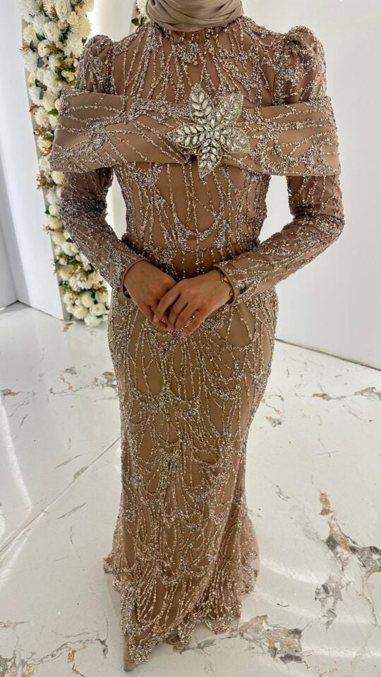 Vücuda oturan balık kesim formunda, uzun kollu ve hakim yaka detaylı kristal taş işlemeli Vizon Abiye