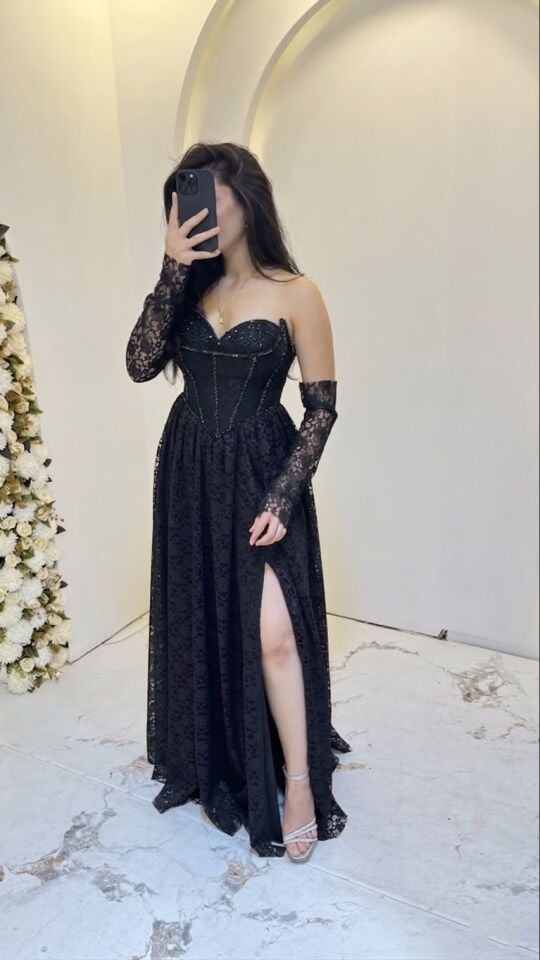 ÜÇ MODELLİ SİYAH DANTEL ABİYE