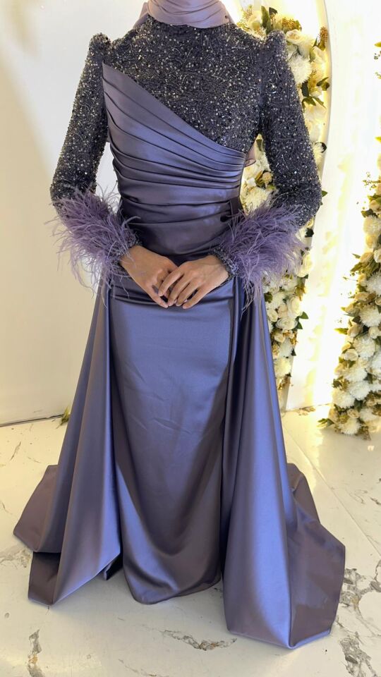 PUL PAYET KOLLARI TÜY DETAYLI MOR ABİYE 42