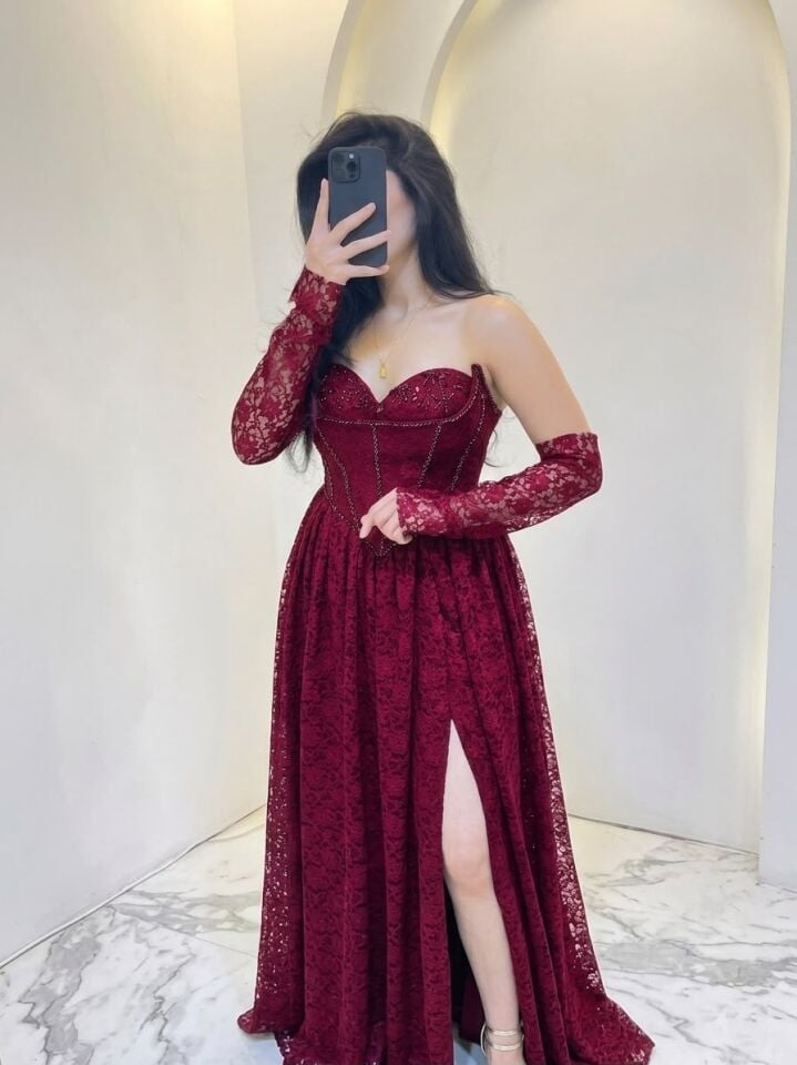 ÜÇ MODELLİ BORDO DANTEL ABİYE