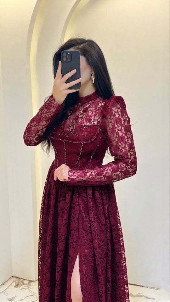 ÜÇ MODELLİ BORDO DANTEL ABİYE
