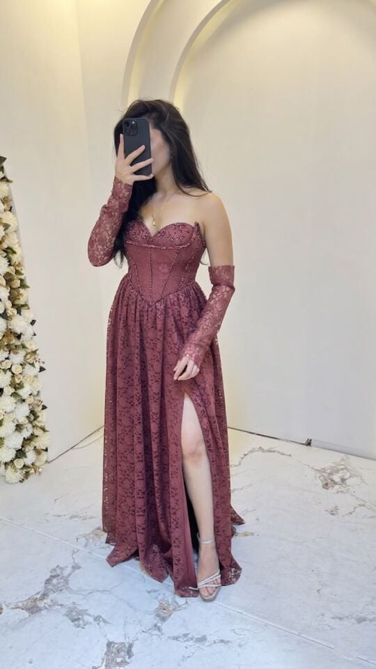 ÜÇ MODELLİ KOYU GÜL KURU DANTEL ABİYE 42