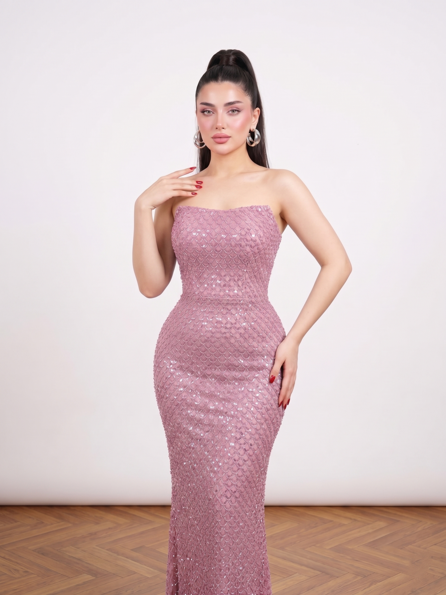 PEMBE STRAPLEZ  BONCUK İŞLEMELİ MİDİ ABİYE 42
