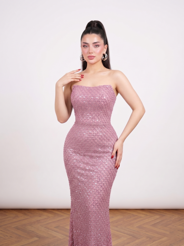 PEMBE STRAPLEZ  BONCUK İŞLEMELİ MİDİ ABİYE 42