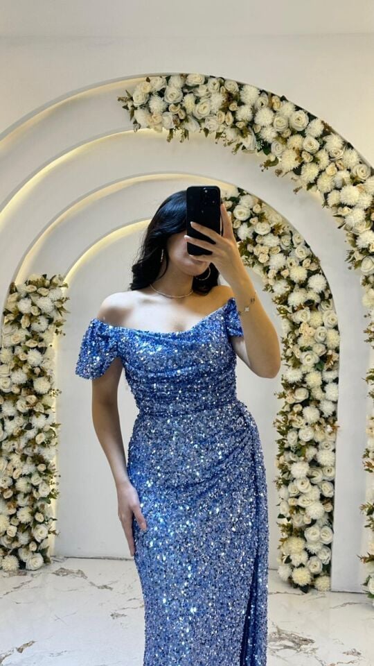 MODONNA YAKA PUL PAYET PUDRA  MAVİ ABİYE 44