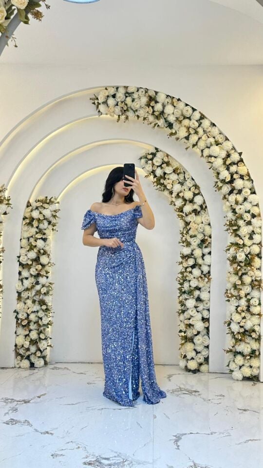 MODONNA YAKA PUL PAYET PUDRA  MAVİ ABİYE 44