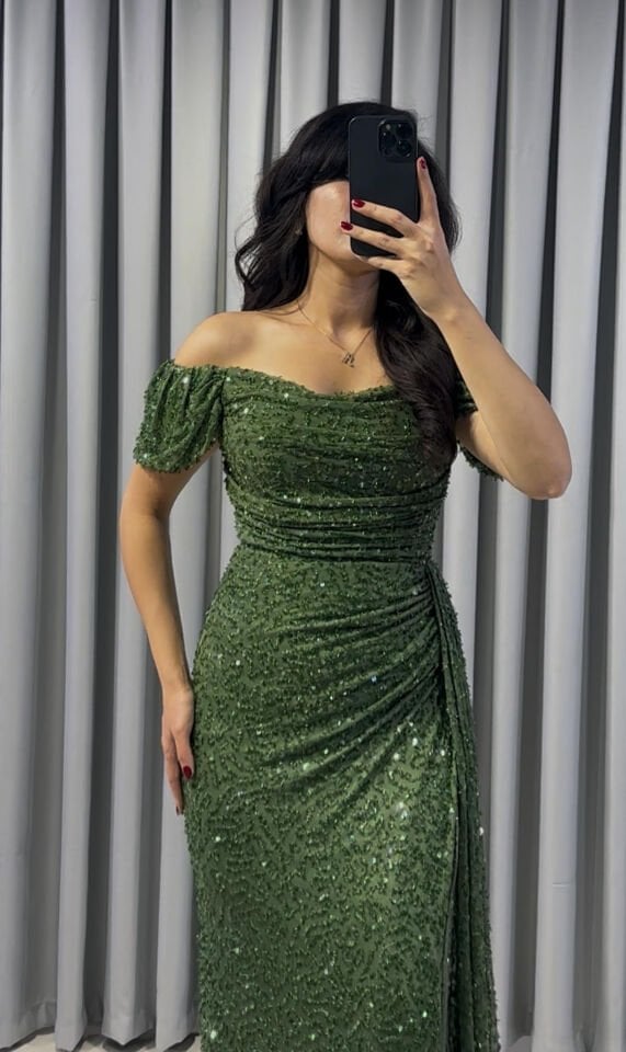 MODONNA YAKA PUL PAYET PUDRA YEŞİL ABİYE 44