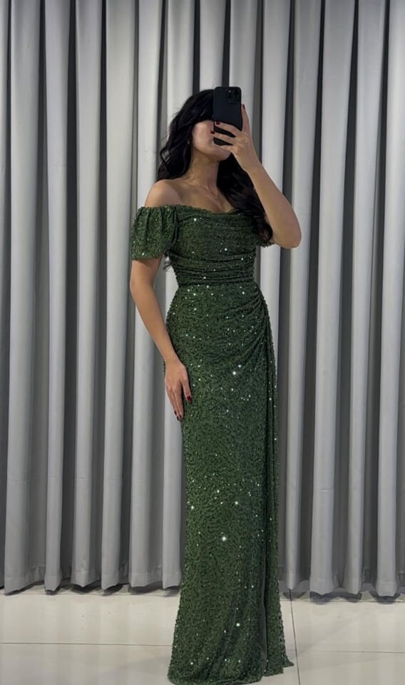 MODONNA YAKA PUL PAYET PUDRA YEŞİL ABİYE 44