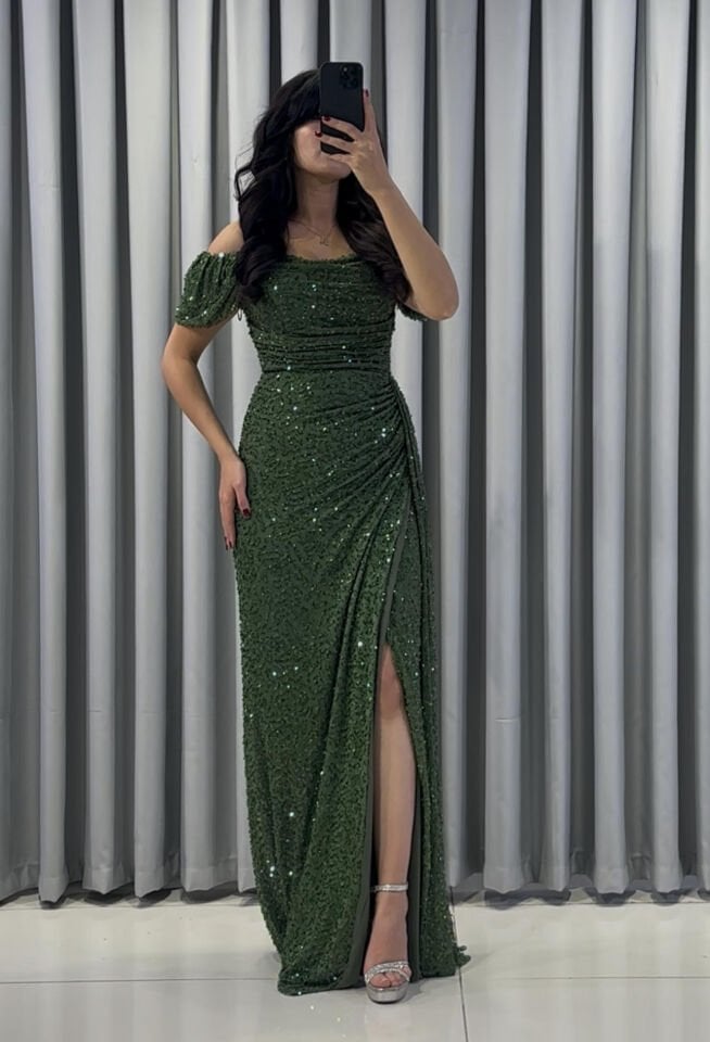 MODONNA YAKA PUL PAYET PUDRA YEŞİL ABİYE 44