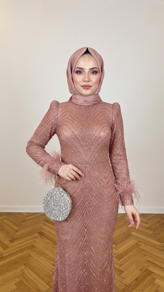 GÜL KURUSU TAŞ İŞLEMELİ  TÜY  DETAYLI BALIK ABİYE 38