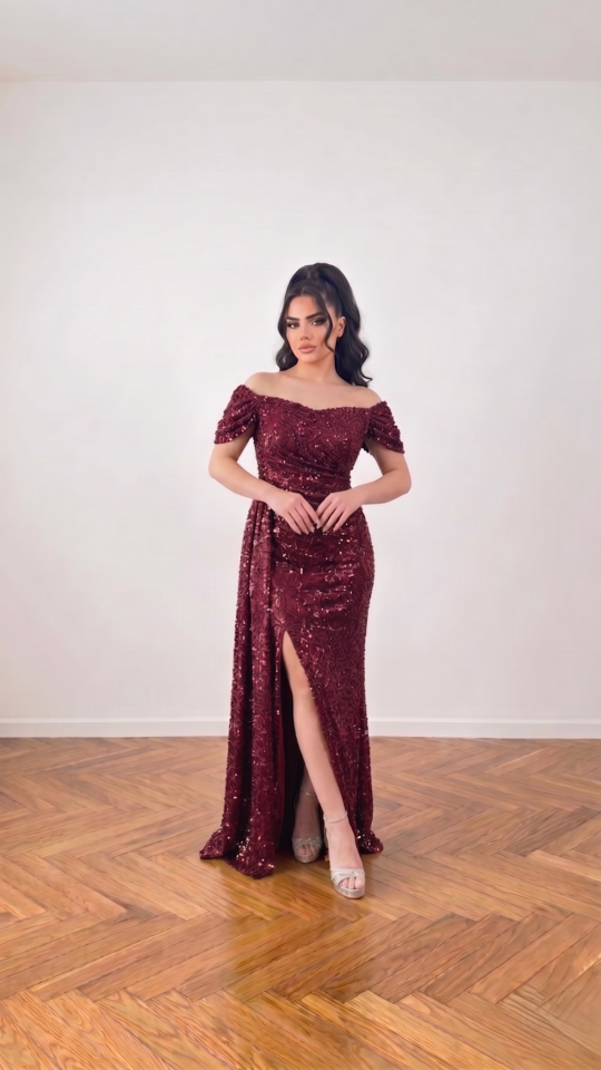 MODONNA YAKA PUL PAYET BORDO ABİYE 38