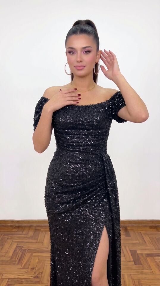 MODONNA YAKA PUL PAYET  SİYAH  ABİYE 42