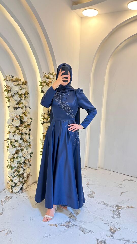 LACİVERT SALKIM İŞLEMELİ ABİYE 38