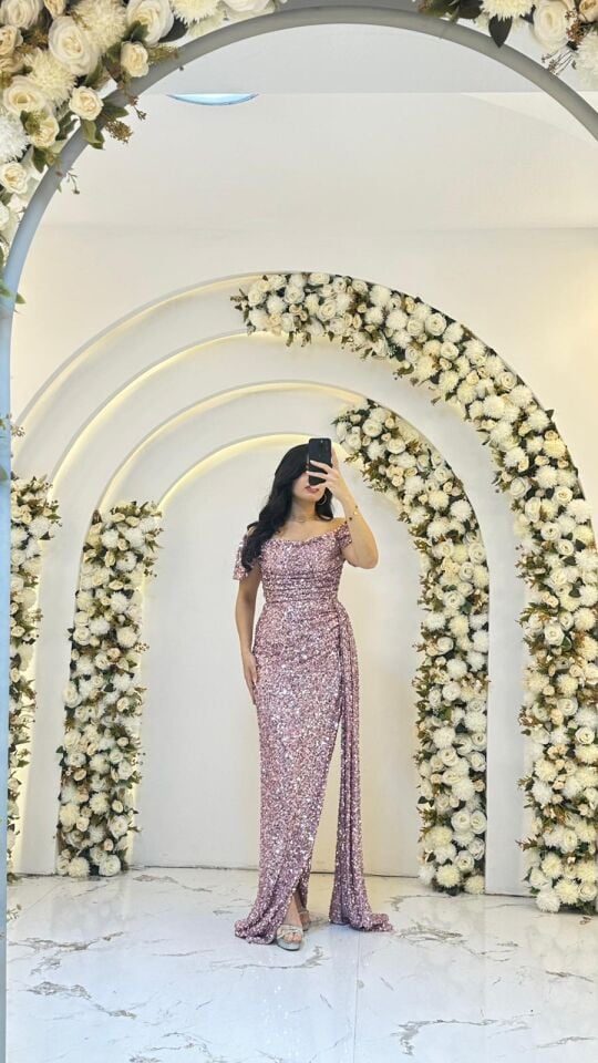 MODONNA YAKA PUL PAYET PUDRA PEMBE ABİYE 38