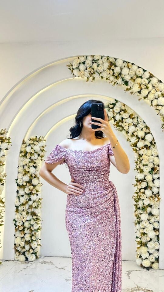 MODONNA YAKA PUL PAYET PUDRA PEMBE ABİYE 38