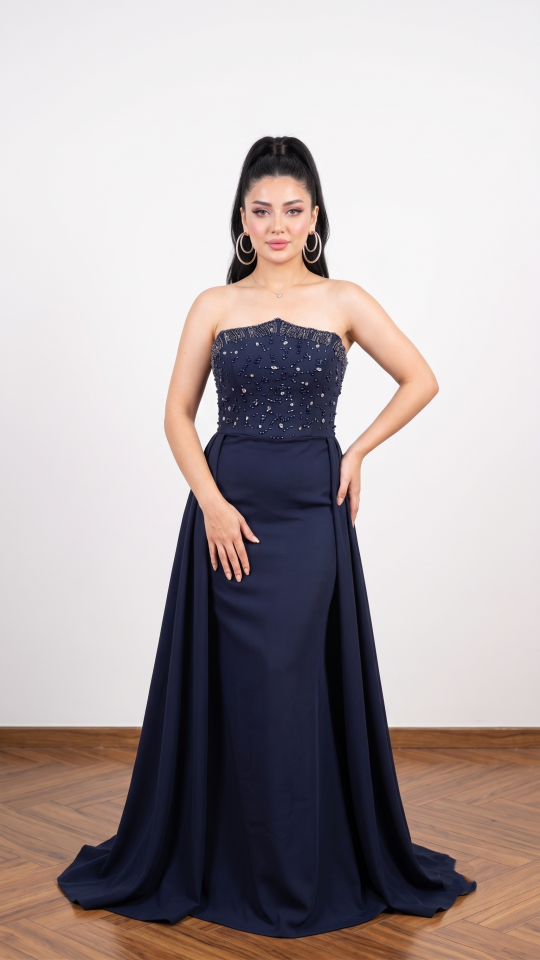 LACİVERT  TAŞ DETAYLI KORSELİ ABİYE 42