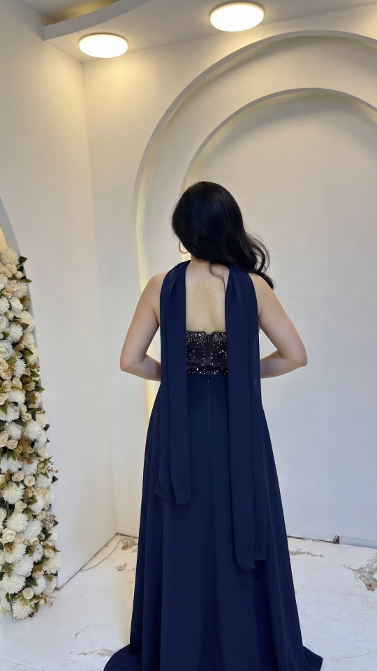 LACİVERT  TAŞ DETAYLI KORSELİ ABİYE 42