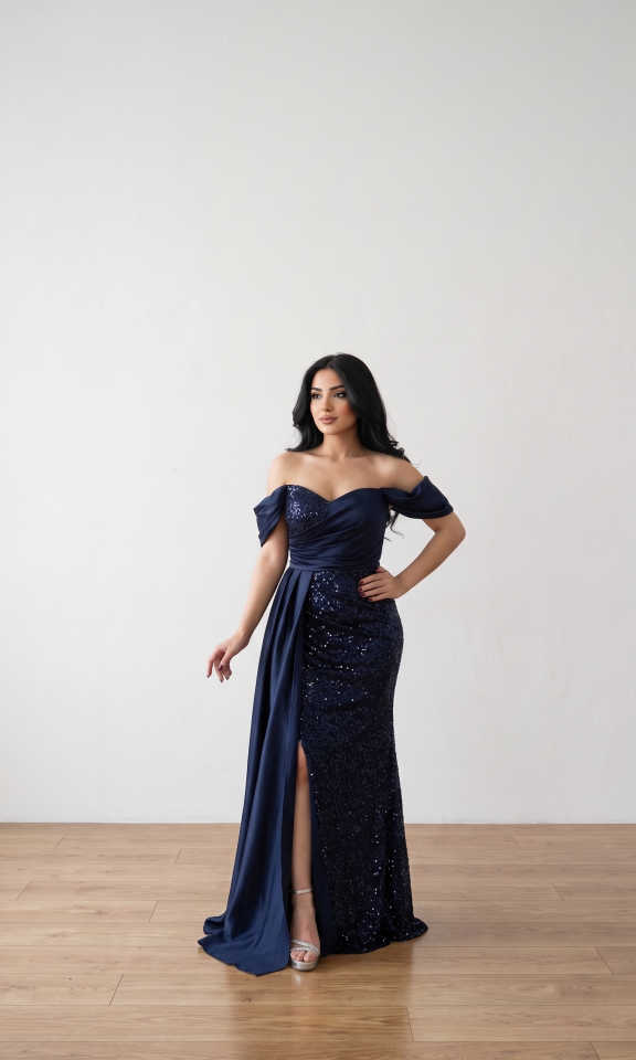 LACİVERT SATEN PAYET YIRTMAÇ DETAYLI ABİYE 38