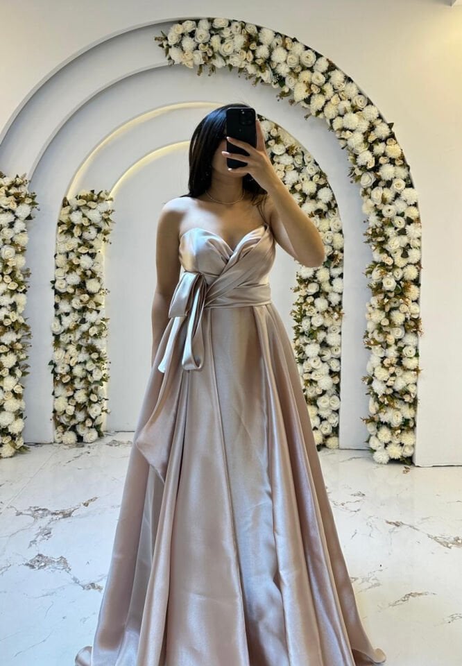 STRAPLEZ KALP YAKA SATEN GOLD ABİYE 42