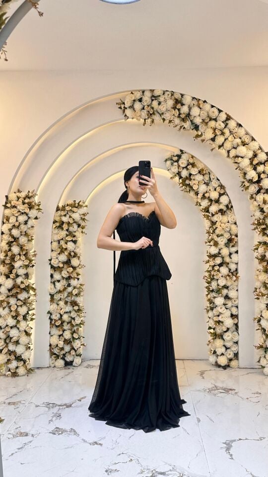 GÖGÜS KISMI FIRFIR A KESİM GECE MAVİSİ SİYAH  ELBİSE 42