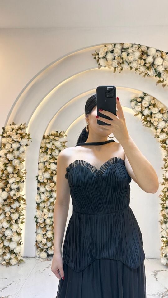 GÖGÜS KISMI FIRFIR A KESİM GECE MAVİSİ SİYAH  ELBİSE 42