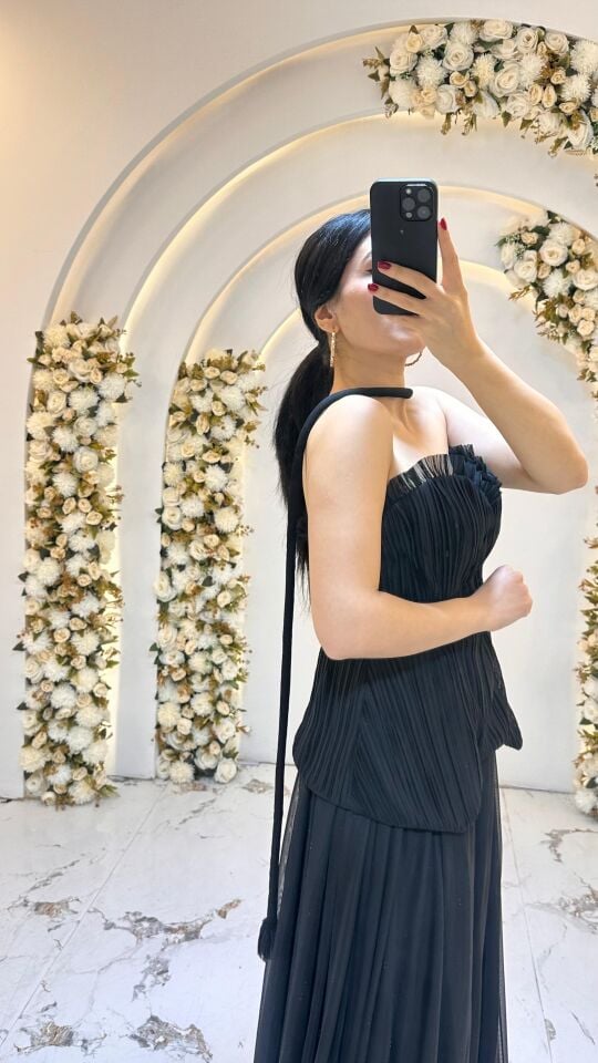 GÖGÜS KISMI FIRFIR A KESİM GECE MAVİSİ SİYAH  ELBİSE 42