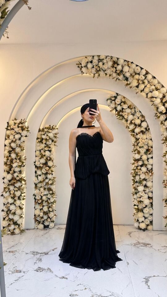 GÖGÜS KISMI FIRFIR A KESİM GECE MAVİSİ SİYAH  ELBİSE 42