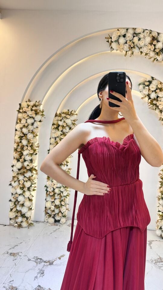 GÖGÜS KISMI FIRFIR A KESİM GECE KIRMIZI ABİYE ELBİSE 38