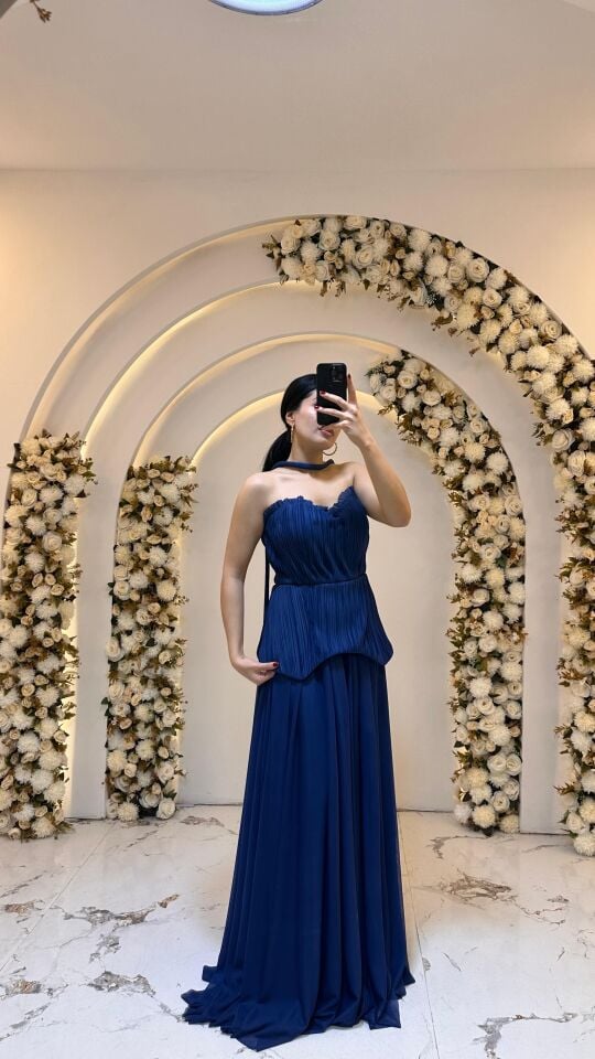 GÖGÜS KISMI FIRFIR A KESİM GECE MAVİSİ ABİYE ELBİSE  42