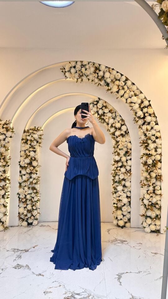 GÖGÜS KISMI FIRFIR A KESİM GECE MAVİSİ ABİYE ELBİSE  42