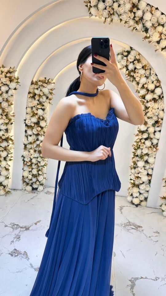 GÖGÜS KISMI FIRFIR A KESİM GECE MAVİSİ ABİYE ELBİSE 42