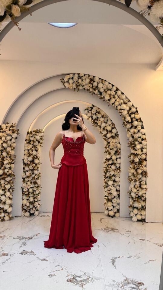 İNCE ASKILI KALP YAKA A KESİM KIRMIZI ABİYE 38