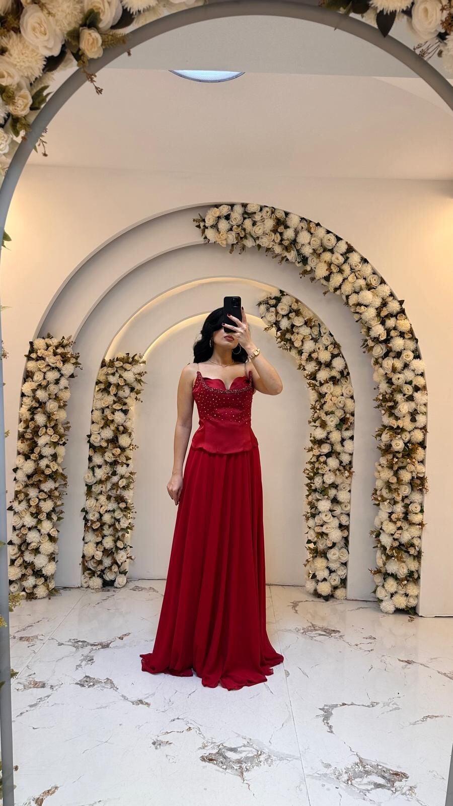 İNCE ASKILI KALP YAKA A KESİM KIRMIZI ABİYE 38