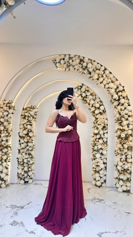 İNCE ASKILI KALP YAKA A KESİM MOR ABİYE 38