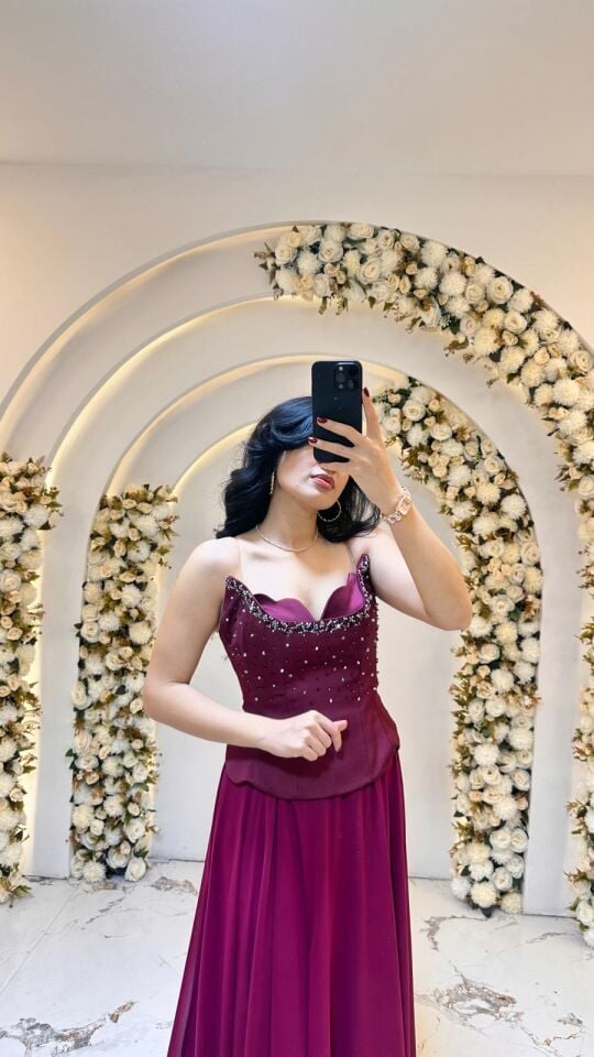 İNCE ASKILI KALP YAKA A KESİM MOR ABİYE 38