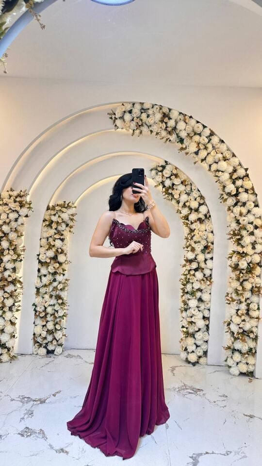 İNCE ASKILI KALP YAKA A KESİM MOR ABİYE 38